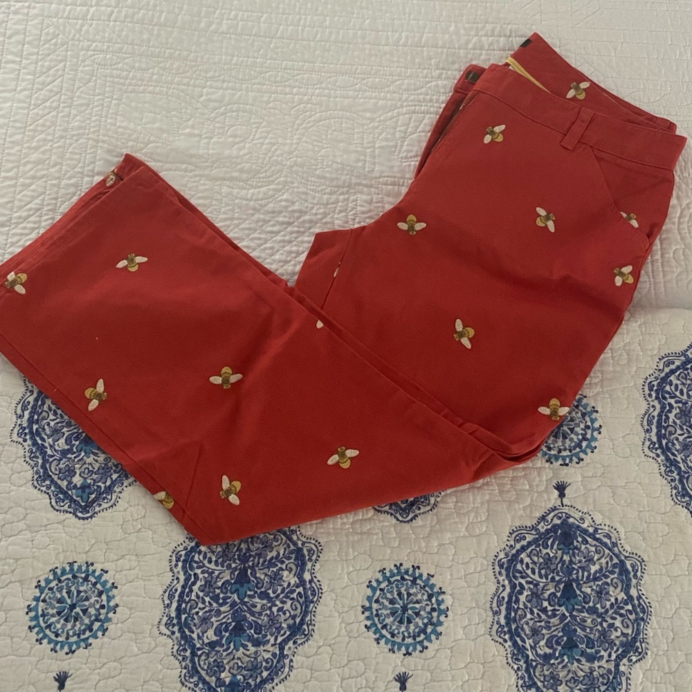 J. Crew women embroidered crop favorite fit chinos sz 8 brick red w/ yellow bees